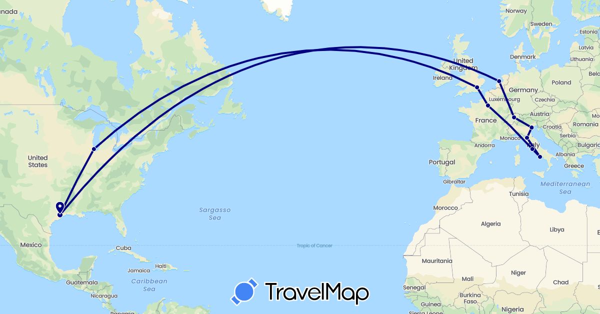 TravelMap itinerary: driving in Switzerland, France, United Kingdom, Italy, Netherlands, United States (Europe, North America)